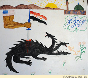 In an Iraqi child's drawing, American might slays the monstrous insurgency.