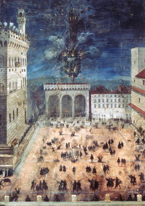 A fireworks display in Florence's Piazza della Signoria, 1558
