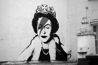 Her Majesty as Ziggy Stardust, stenciled on a wall in Bristol