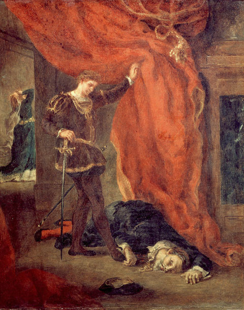 Delacroix depicts Hamlet standing over Polonius's corpse.