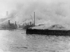 In 1916, German saboteurs destroyed Black Tom Island in New York Harbor.