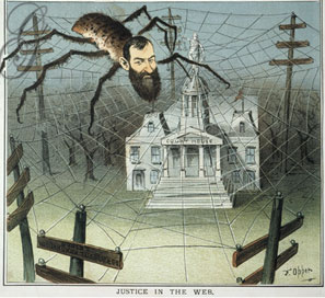 Speculator Jay Gould, depicted as weaving a web of corruption in this 1885 cartoon.