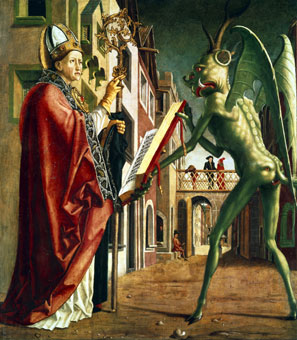 The devil presents Saint Augustine with the Book of Vices.