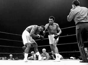 Exiled from boxing for years for his stance on the Vietnam War, Muhammad Ali, here defeating Joe Frazier in 1974, personified an era of rebellion and change.