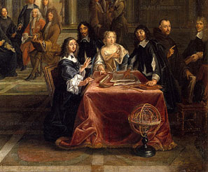 Descartes gives a lecture on geometry to the queen in a detail from Queen Christina of Sweden and Her Court, by Louis Michel Dumesnil.