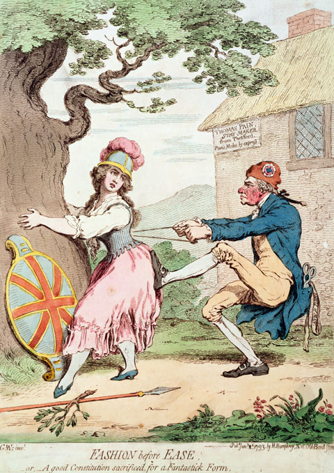 In 1793, James Gillray satirized ex-corset stay maker Paine's scheme, in The Rights of Man, to squeeze the British Constitution into a new form.